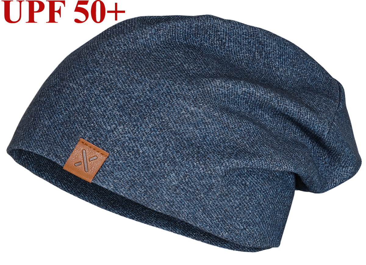 Jersey Beanie mit breitem Rand in Jeansblau Melange UPF 50+ von MAXIMO 101400