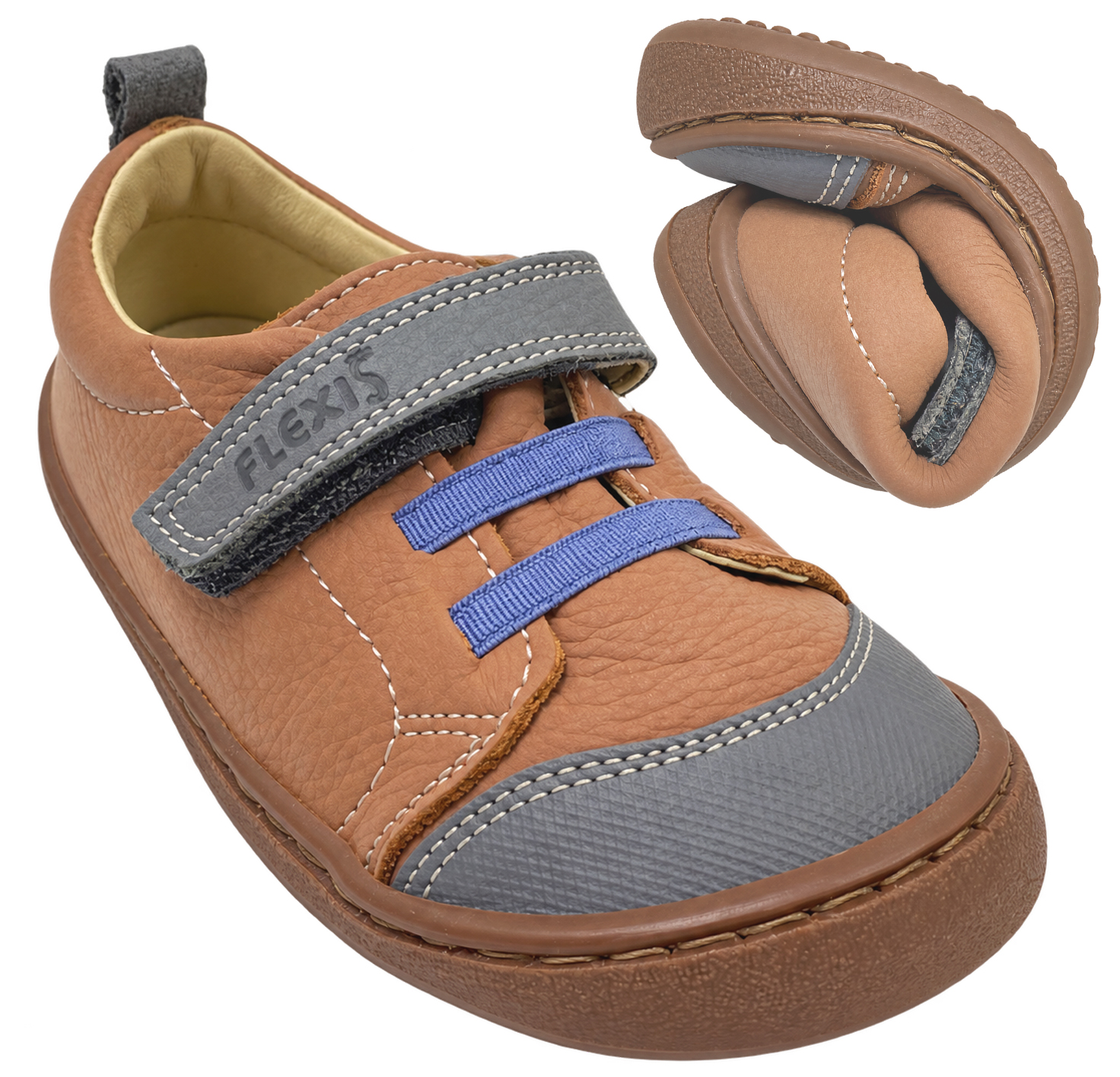 Leder Sneaker / Barfußschuhe von FLEXI NENS in Altrose Caramell / Jeansblau mit Klett & Zierschnürung 9005-R