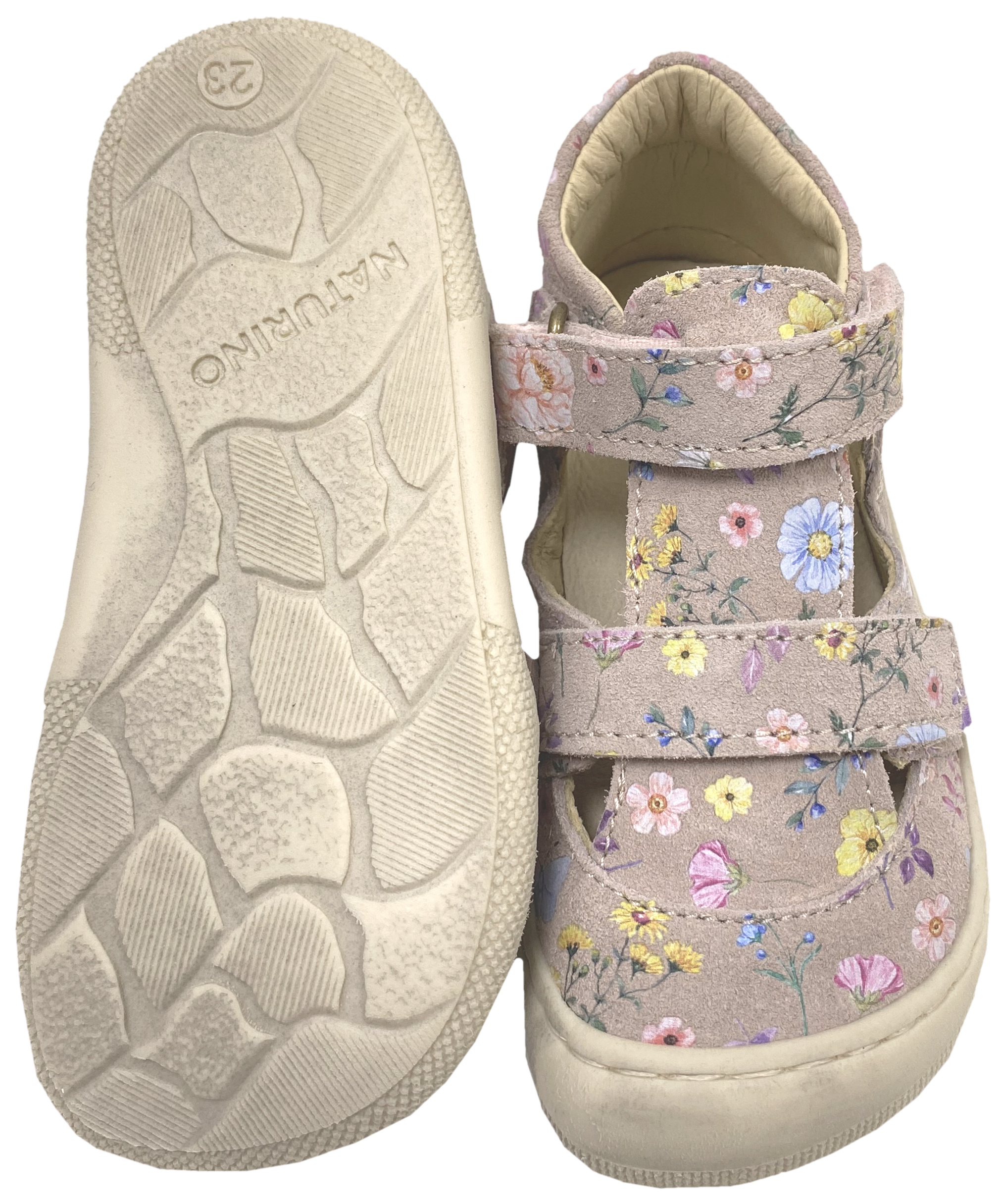 Halbsandale / Minimalschuhe aus Leder mit Doppelklett von NATURINO Barefoot "IRTYS" in Cipria AOP Flower