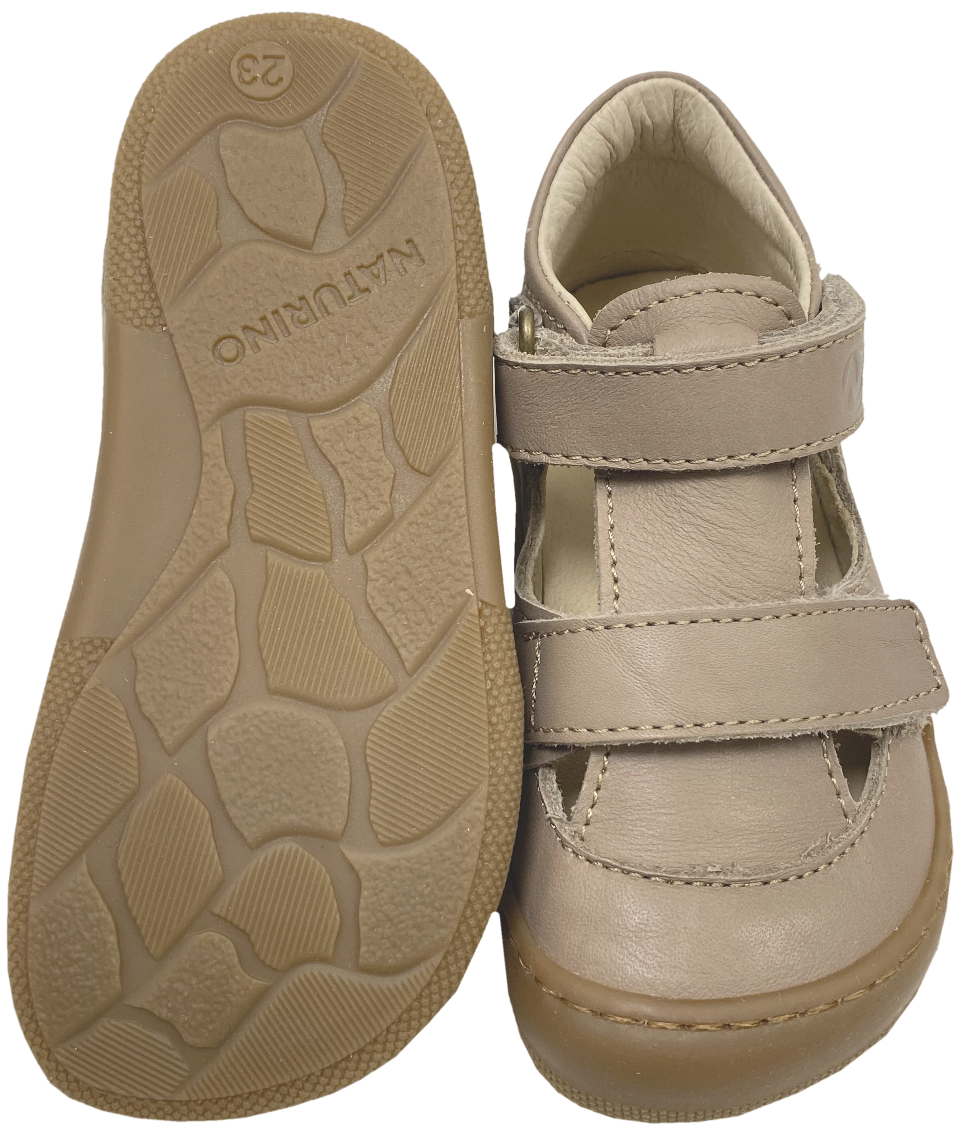 Halbsandale / Minimalschuhe aus Leder mit Doppelklett von NATURINO Barefoot "IRTYS" in Taupe-Leaf (Grün)