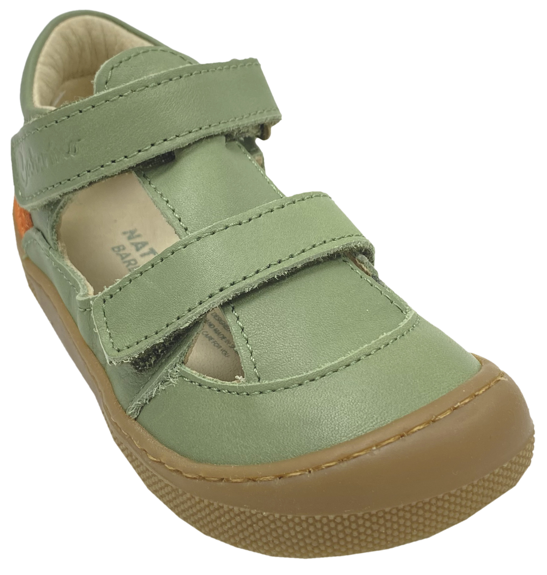 Halbsandale / Minimalschuhe aus Leder mit Doppelklett von NATURINO Barefoot "IRTYS" in Leaf (Grün Ton)- Orange