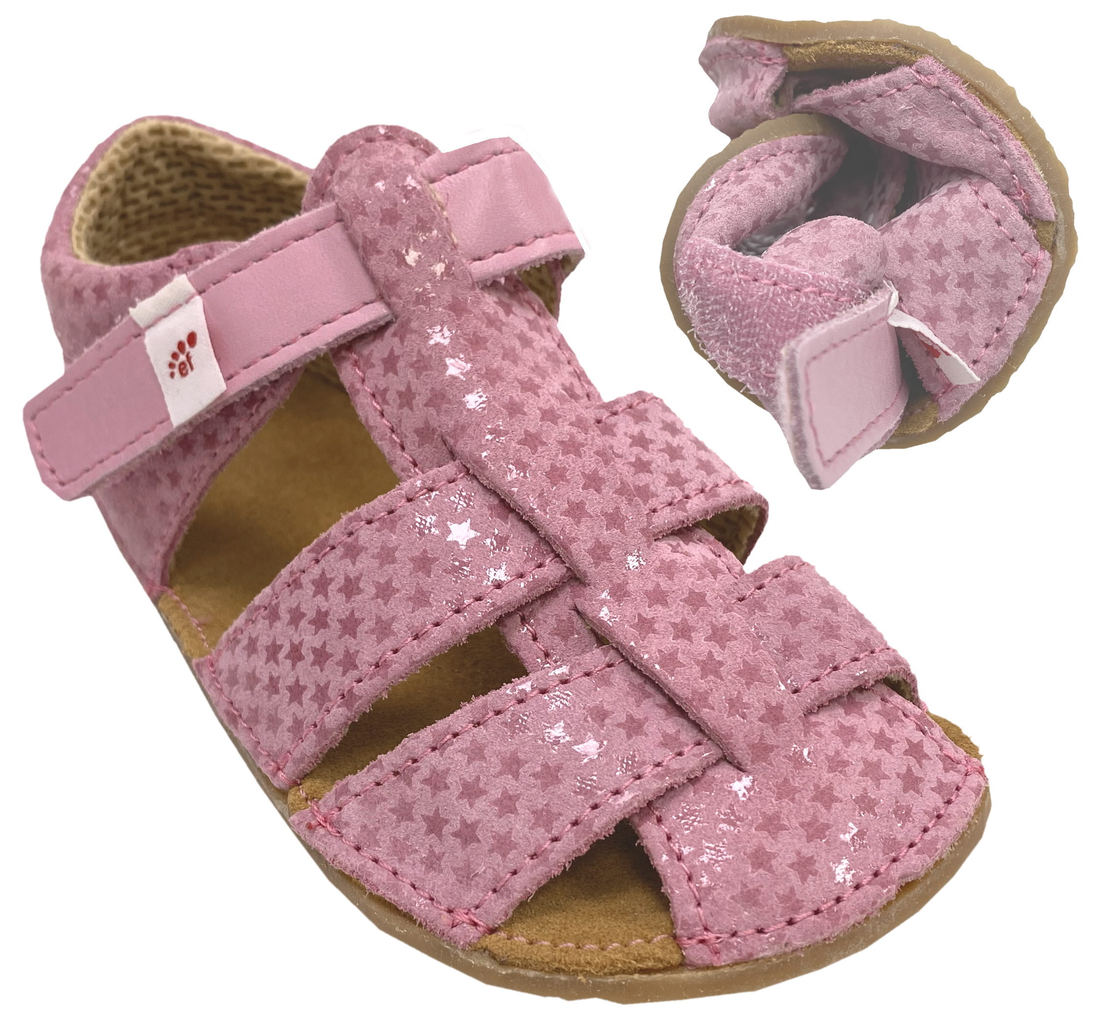 Riemchensandalen / Barfußsandalen aus Leder + 3mm Krepp Sohle in ROSA Sterne von EF BarEFoot