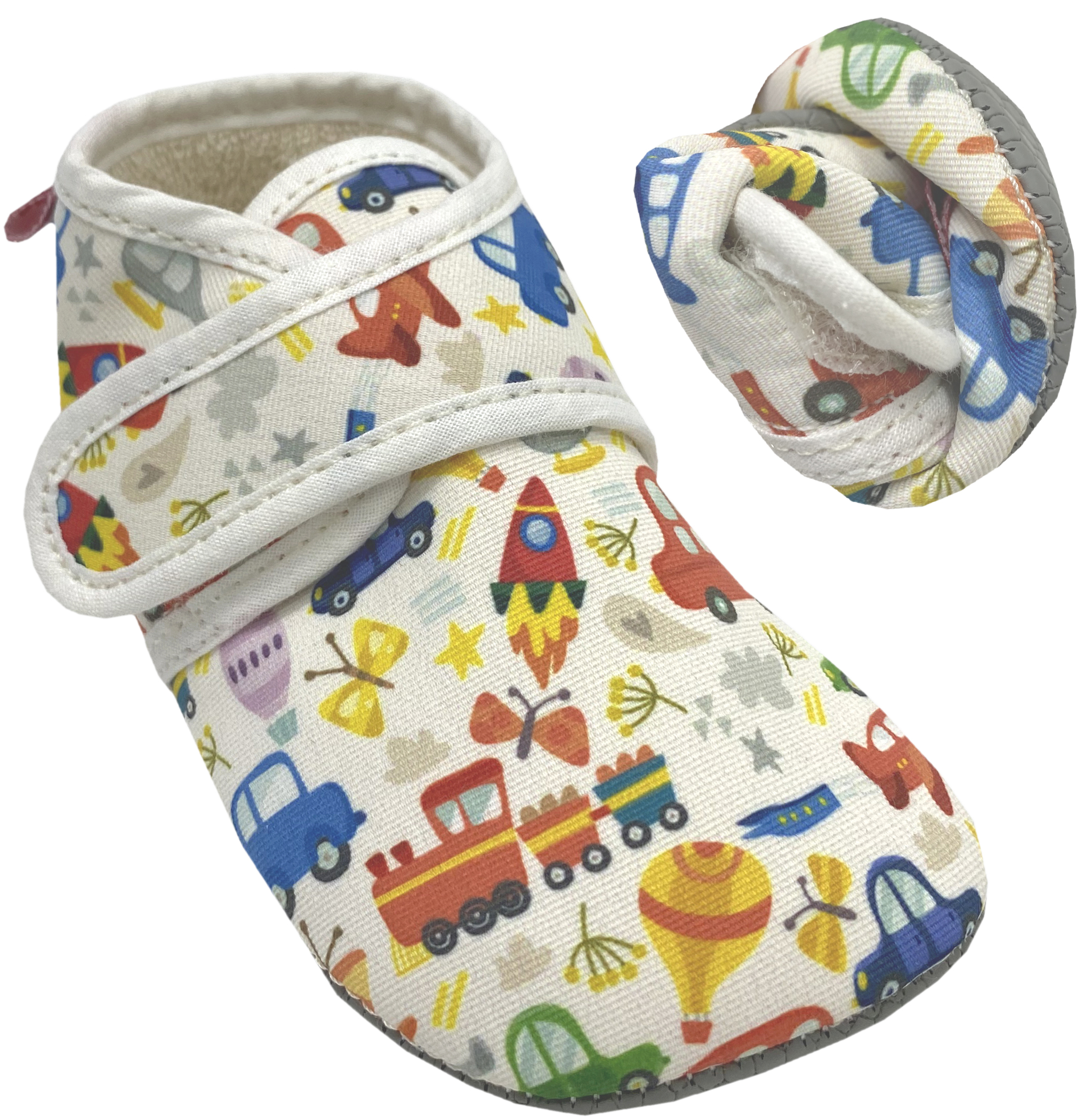 Knautschige Barfußhausschuhe mit Klett BIO BW + Anti Rutsch Sohle *Fahrzeuge* von POLOLO