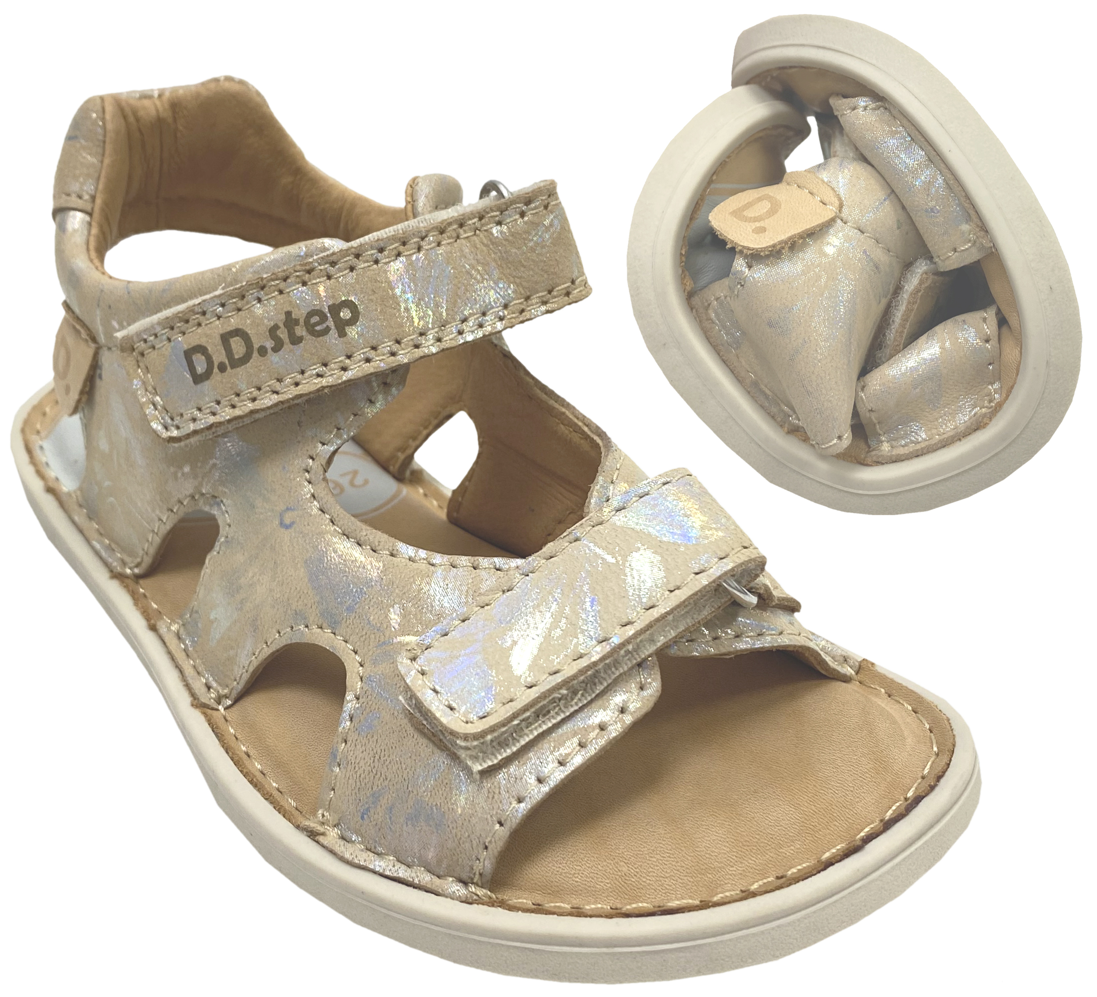 Offene Ledersandale mit Minimalsohle / Barfußsandale in Beige Silber Glitzer von D.D.Step Barefoot 51995