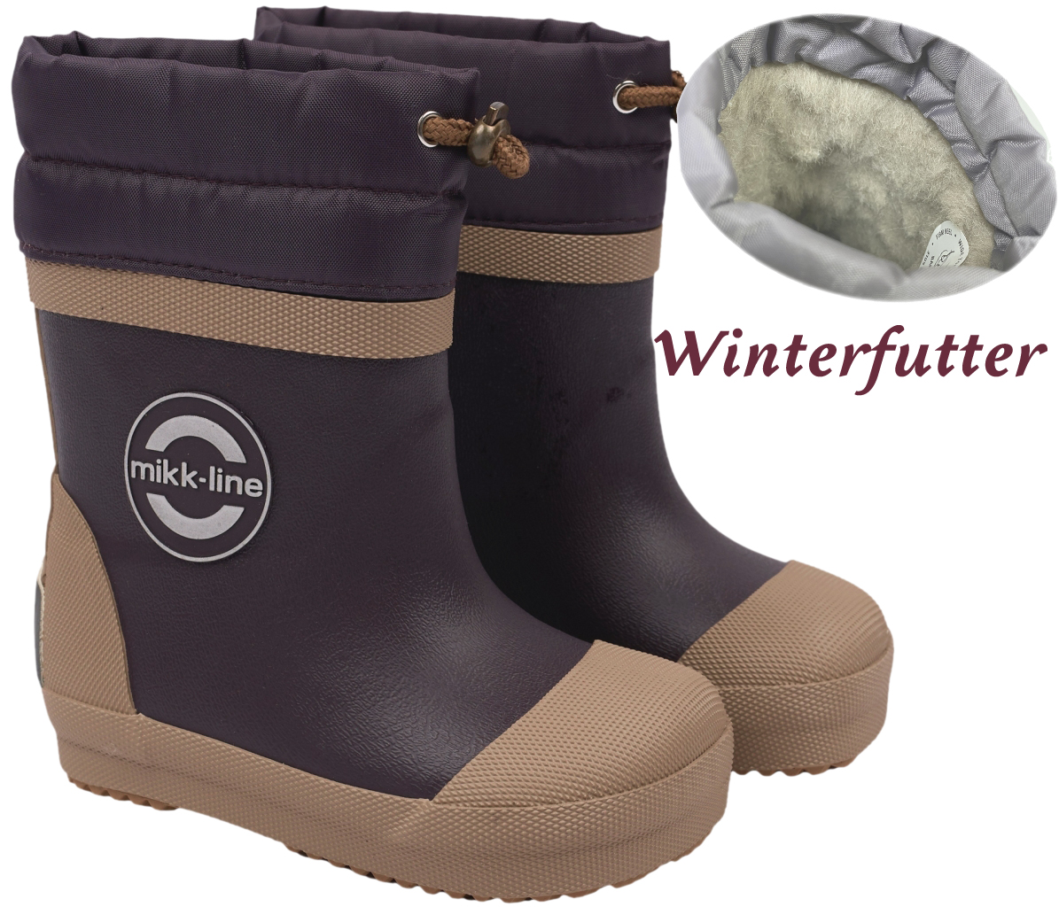 Barfuß Gummistiefel Winterfutter Wollmix in DKL Violett Plum Uni von MIKK LINE