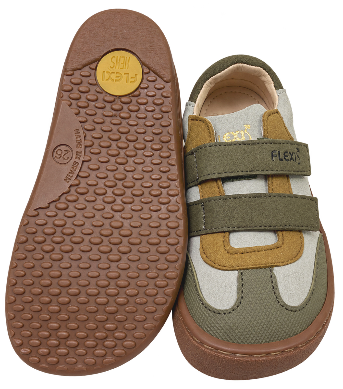Vegane Sneaker / Barfußschuhe von FLEXI NENS in Khaki / Grau / Dunkel Ocker 9022-R