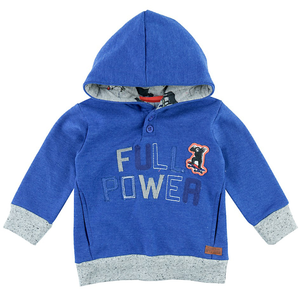 Kuschelig weicher Kapuzensweater in Blau Melange mit Patches von FEETJE Serie WHEELS 0914