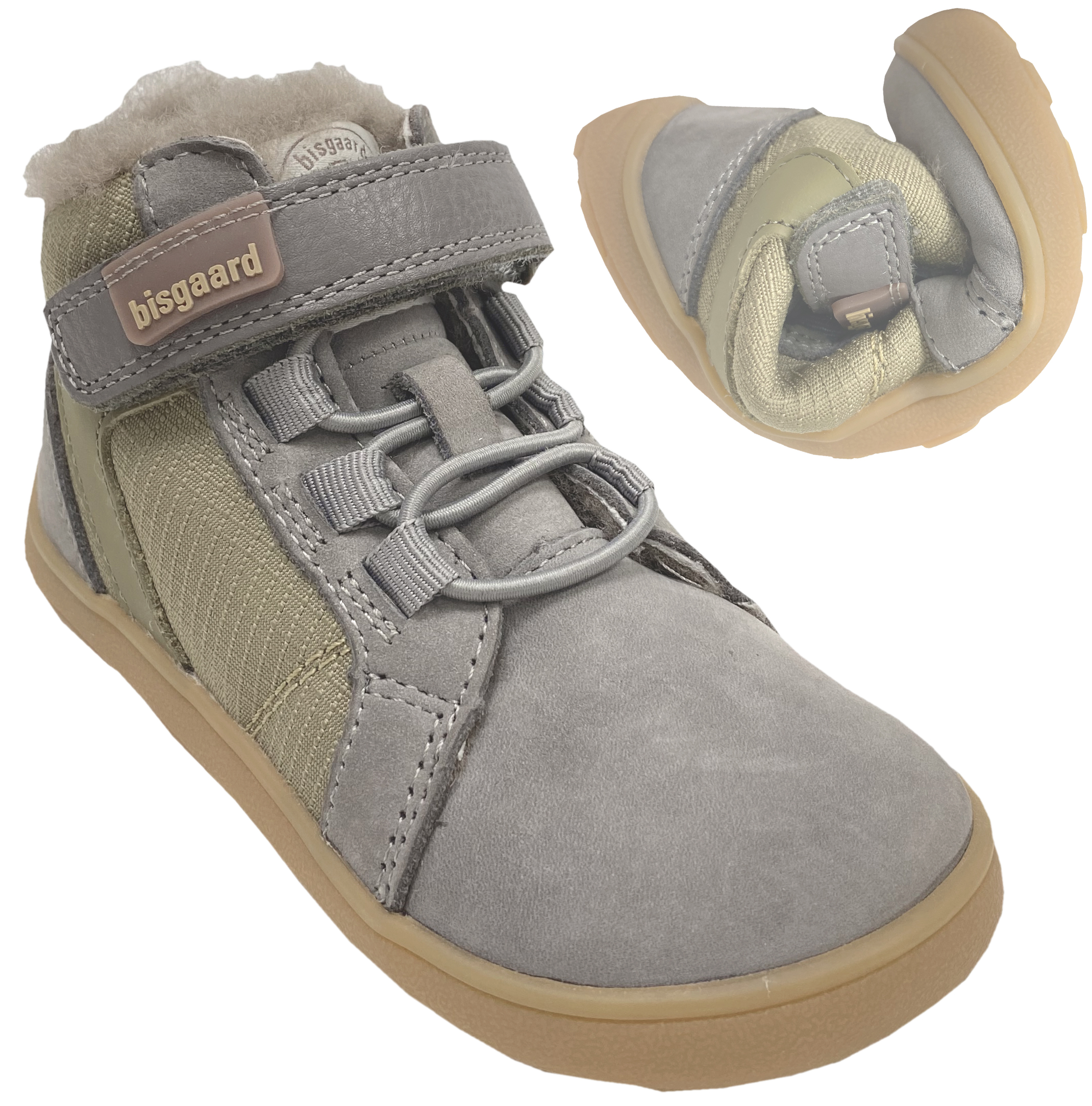 Lammfell gefütterter Barfußschuh, Mid Top Höhe, in GRAU / Oliv von BISGAARD  * Rafael Lamb *