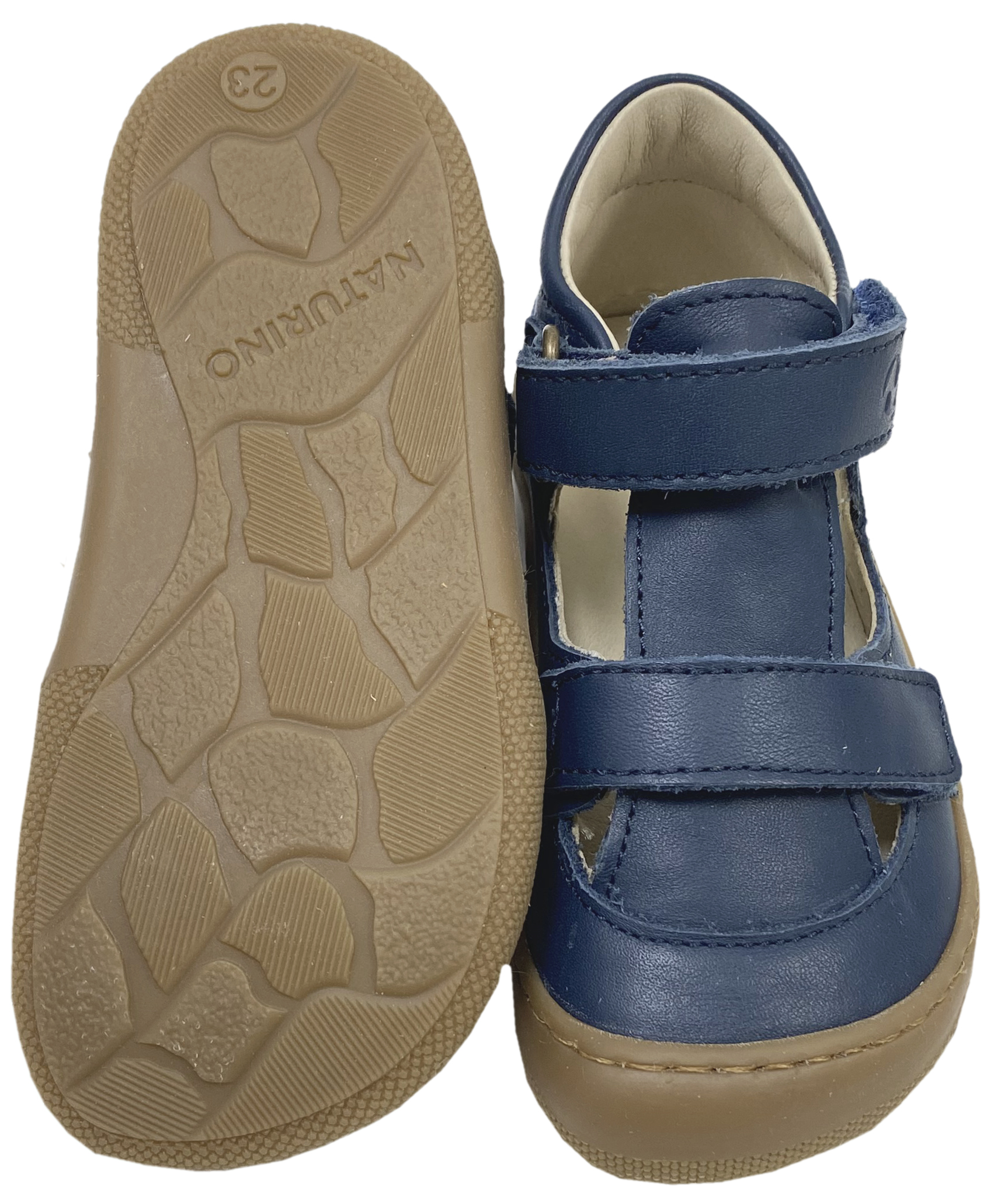 Halbsandale / Minimalschuhe aus Leder mit Doppelklett von NATURINO Barefoot "IRTYS" in Navy Celeste