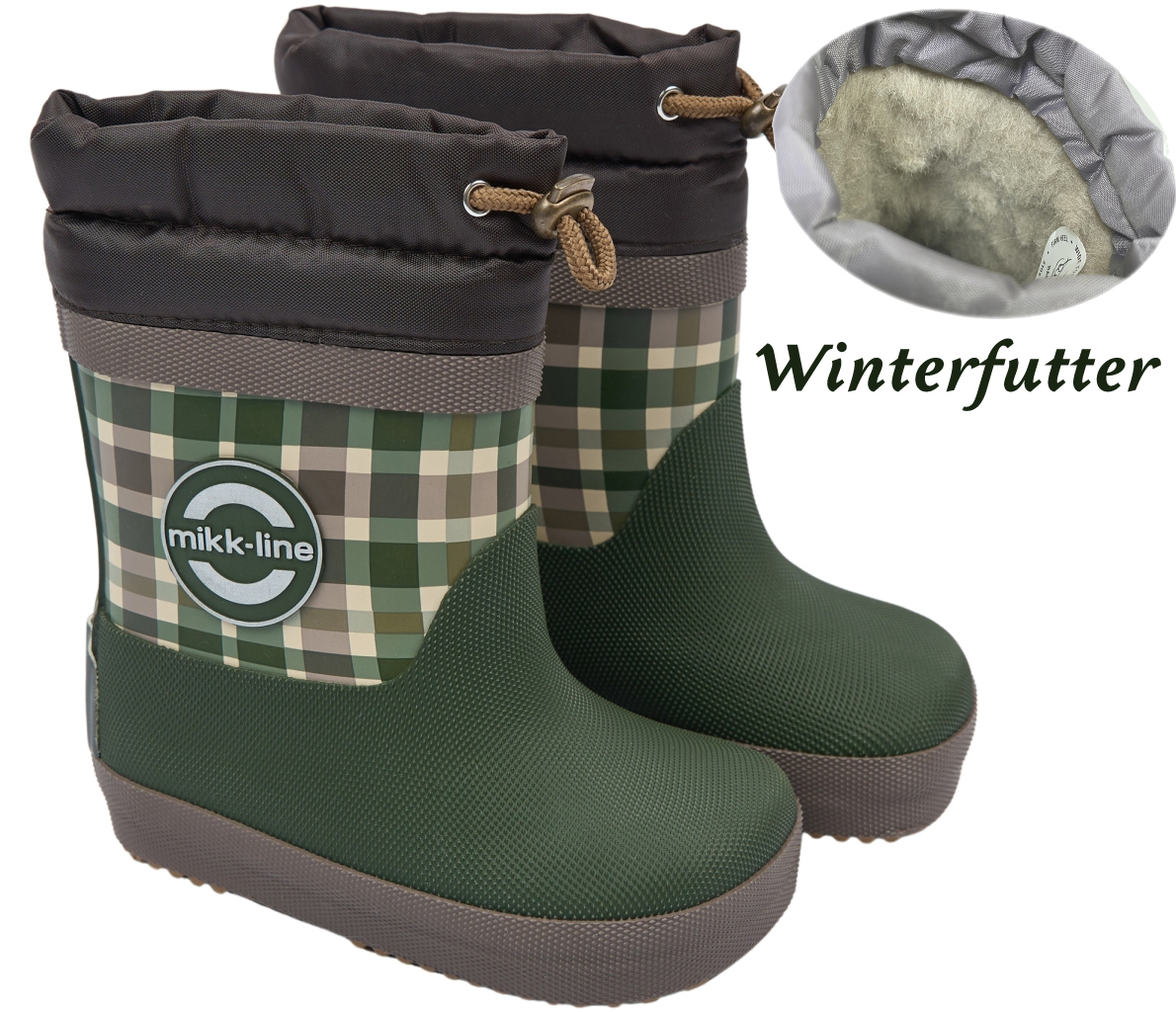 Barfuß Gummistiefel Winterfutter Wollmix Check AOP Grün / Khaki / Braun Karo von MIKK LINE