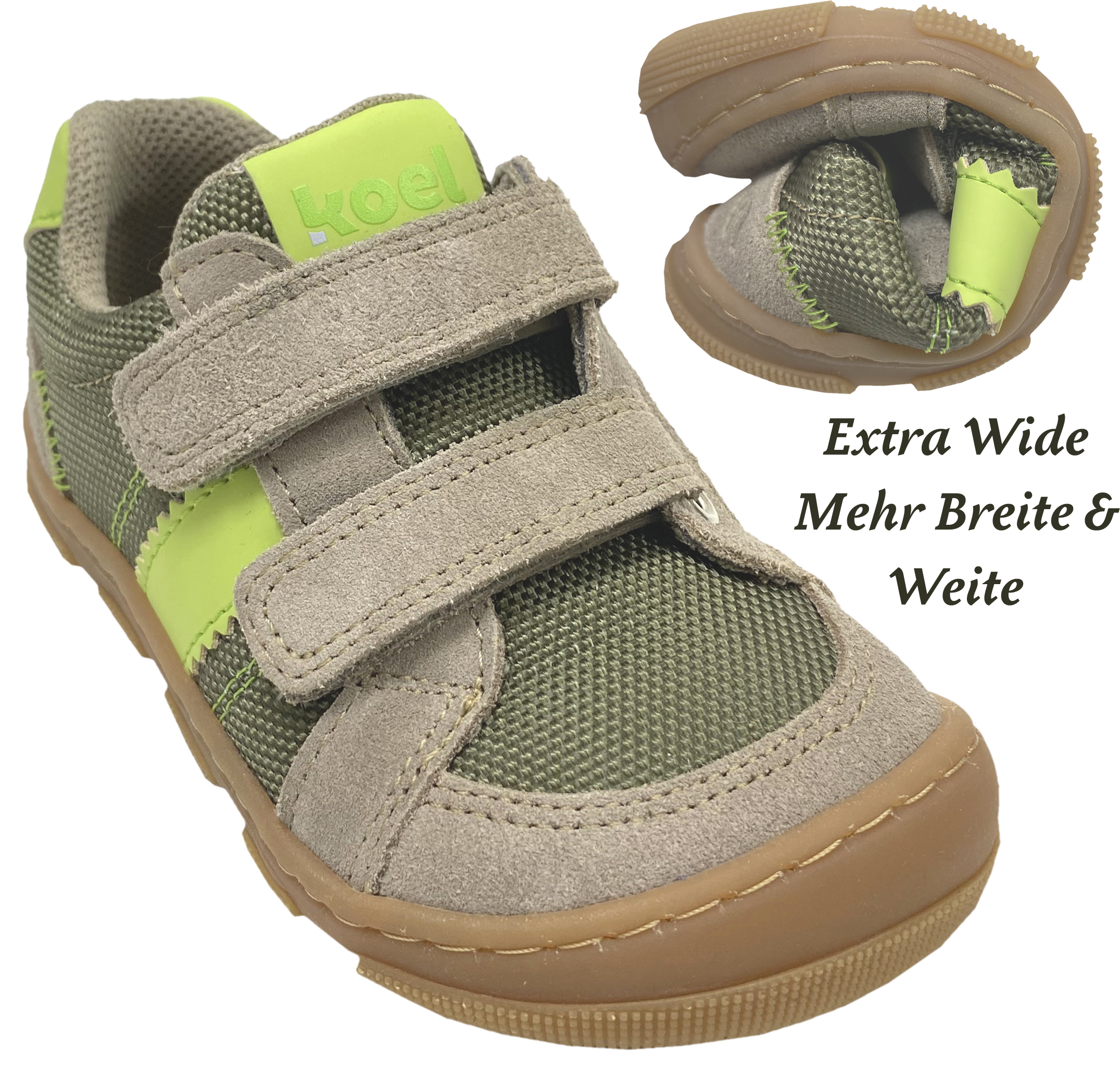 Barfuß Sneaker, Doppelklett Extra Weite & Breite *KOBI Fabrics * in Khaki von KOEL Barefoot 15W005.50K