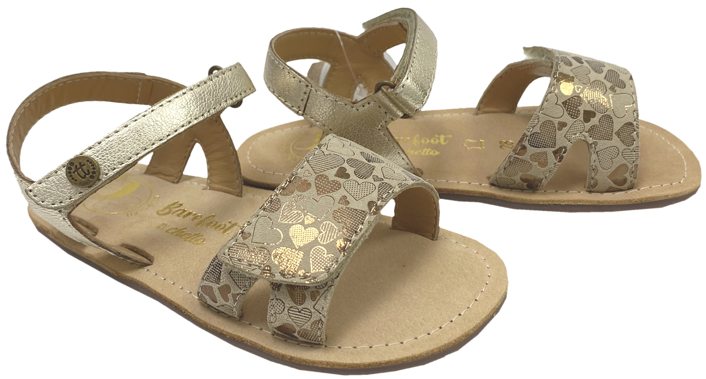 Sandale mit Minimalsohle /Barfuß Sandale Beige mit Goldenen Glitzerherzchen CHETTO Barefoot 1126020