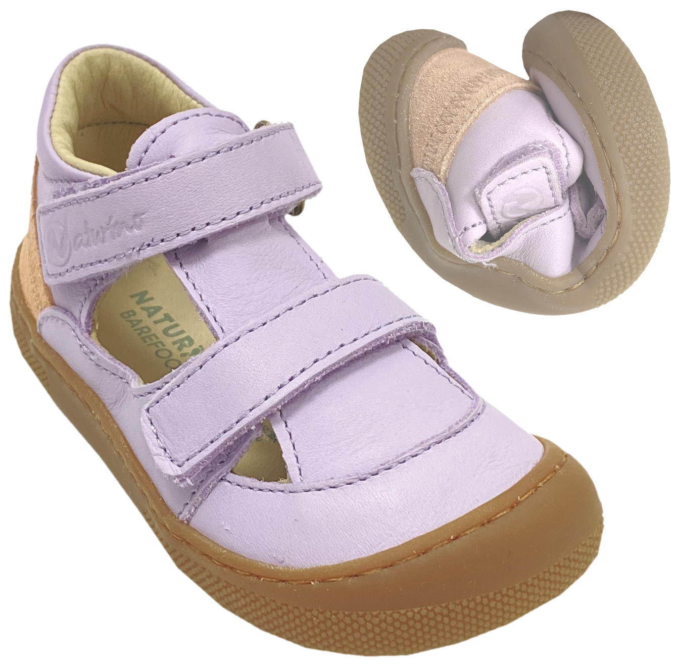 Halbsandale / Minimalschuhe aus Leder mit Doppelklett von NATURINO Barefoot "IRTYS" in Lilac- Soft Peach