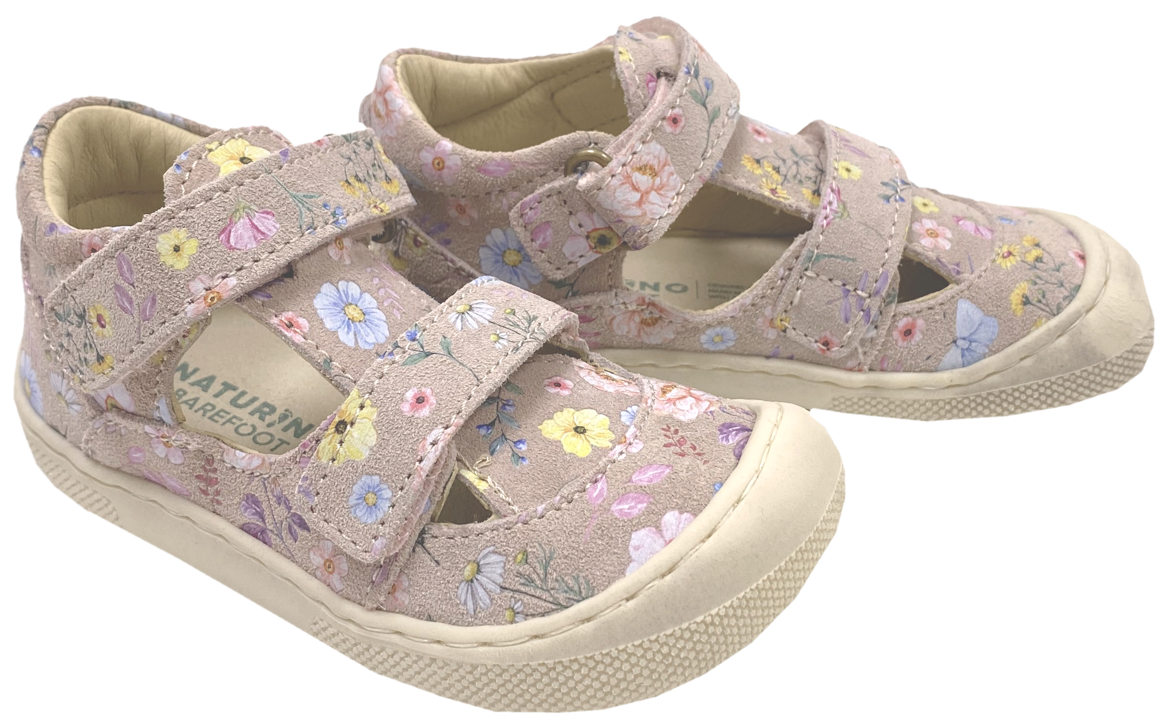 Halbsandale / Minimalschuhe aus Leder mit Doppelklett von NATURINO Barefoot "IRTYS" in Cipria AOP Flower