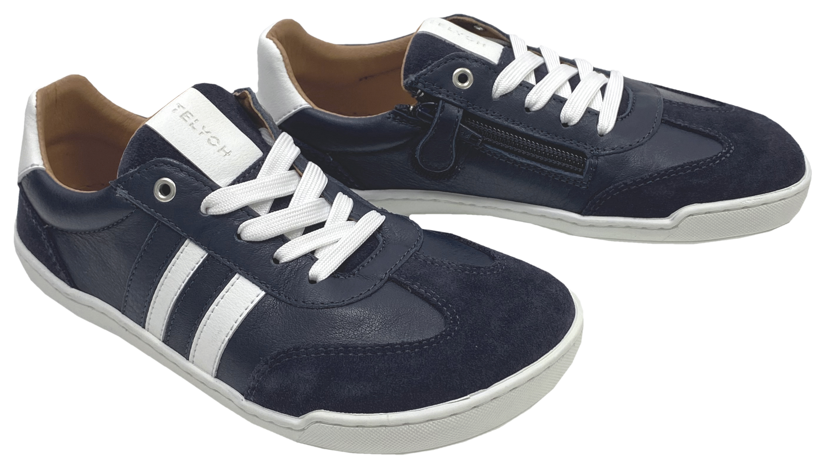 Leder Sneaker / Barfußschuhe + seitliche Zierstr. Schnürer & Zipper in DKL Blue / Weiß von TELYOH Barefoot / Runner