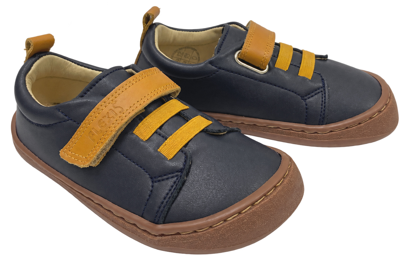 Leder Sneaker / Barfußschuhe von FLEXI NENS in Marine / Ocker Gelb mit Klett & Zierschnürung 9006-R