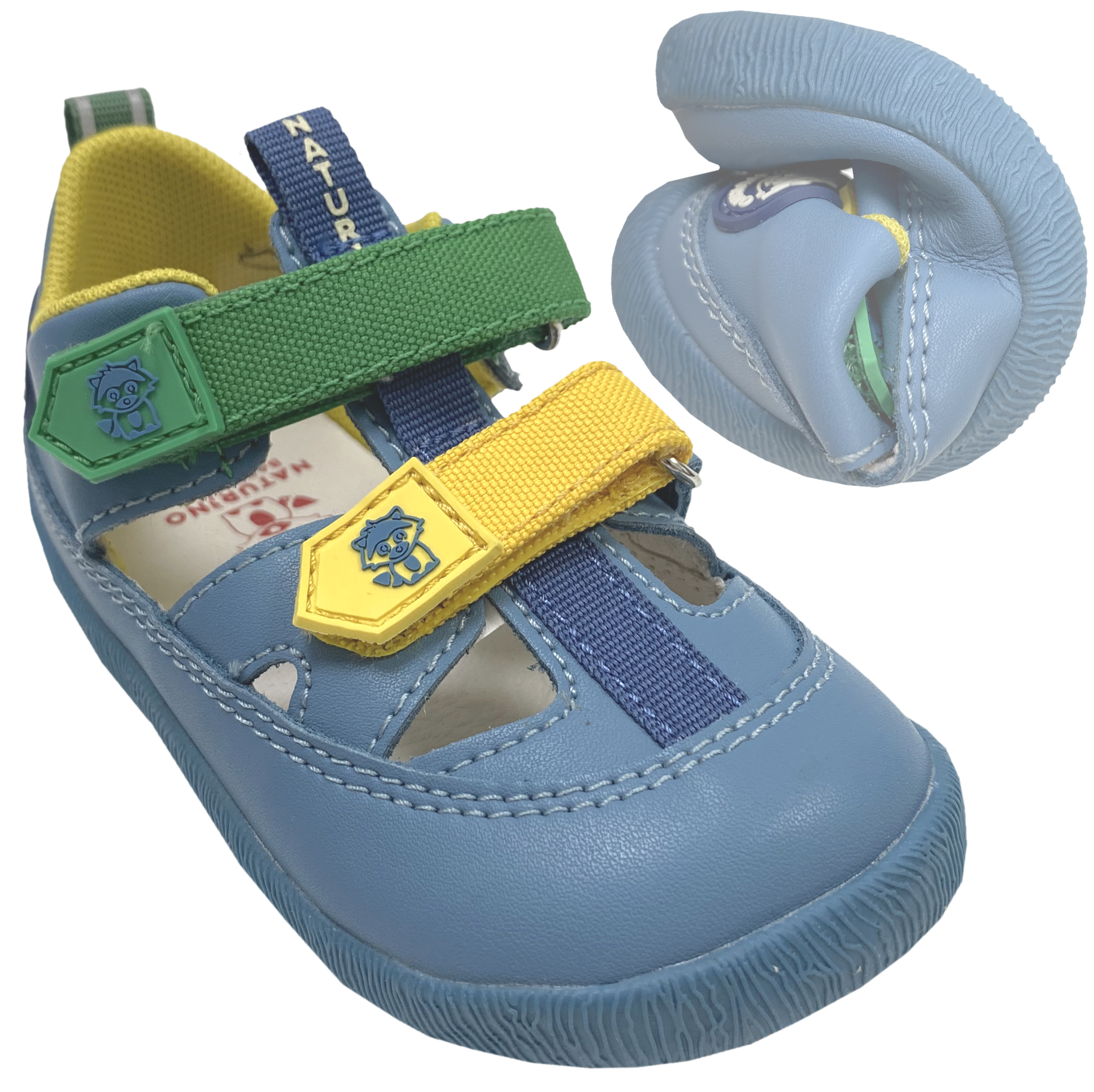 Leder Halbsandale / Barfußschuhe von NATURINO Barefoot Modell GIOMMY in Mare / Jeansblau / Gelb / Grün