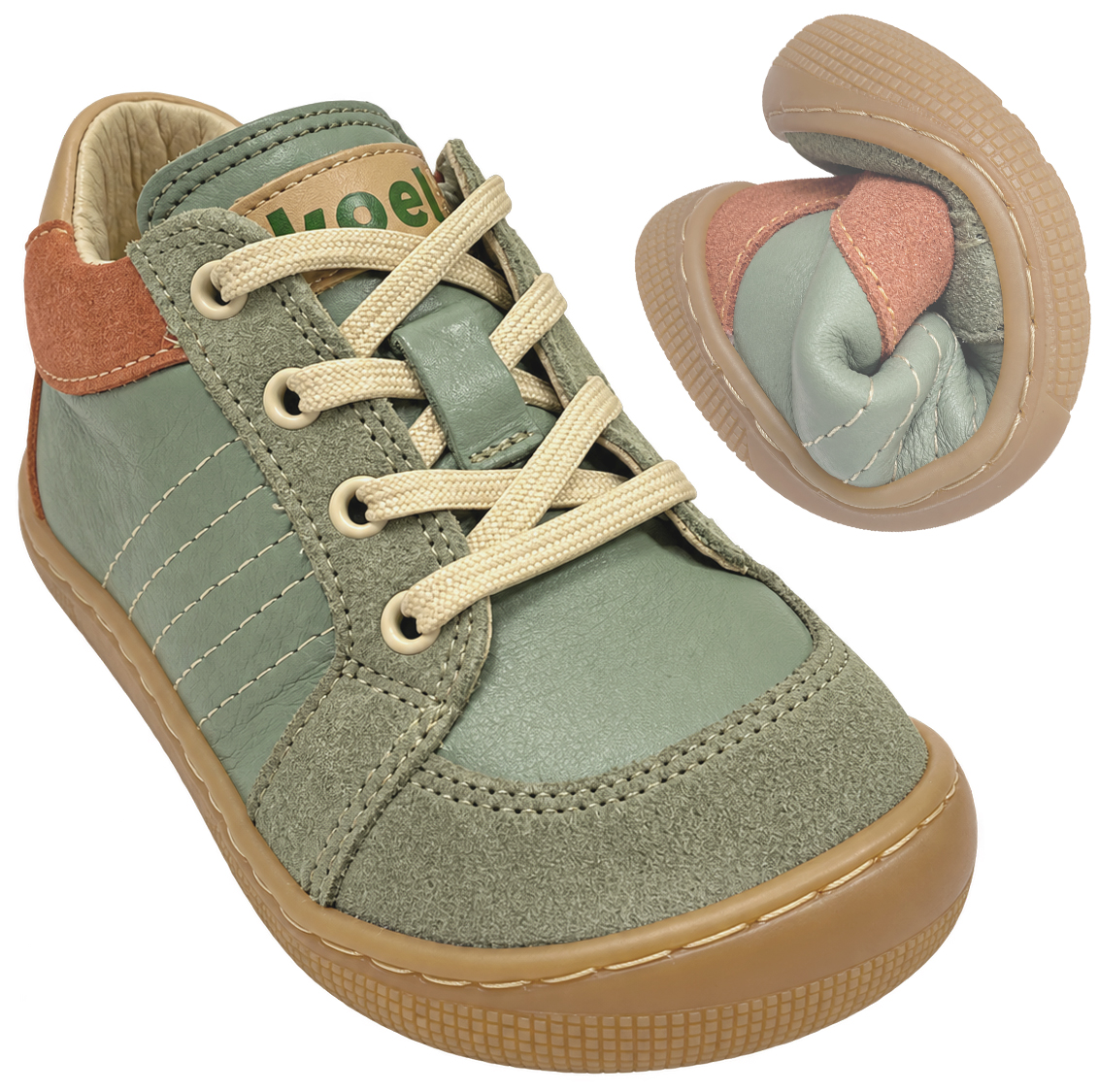 Barfußschuhe halbhoch aus Leder zum schnüren von KOEL Barefoot * DION in Olive 07M065.101