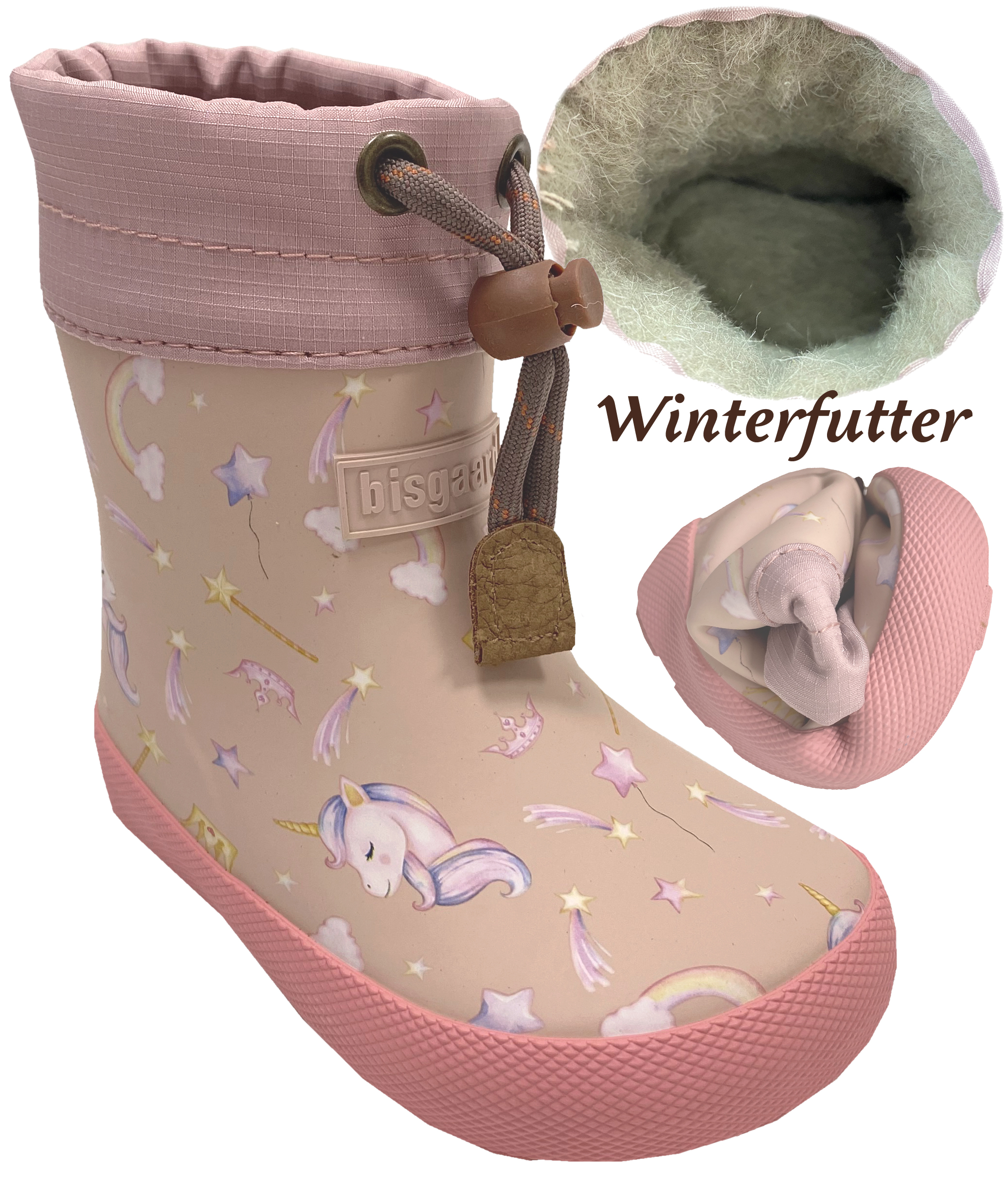 Kurze Thermo Barfuß Gummistiefel Winterfutter von BISGAARD in Rose Einhorn 92023