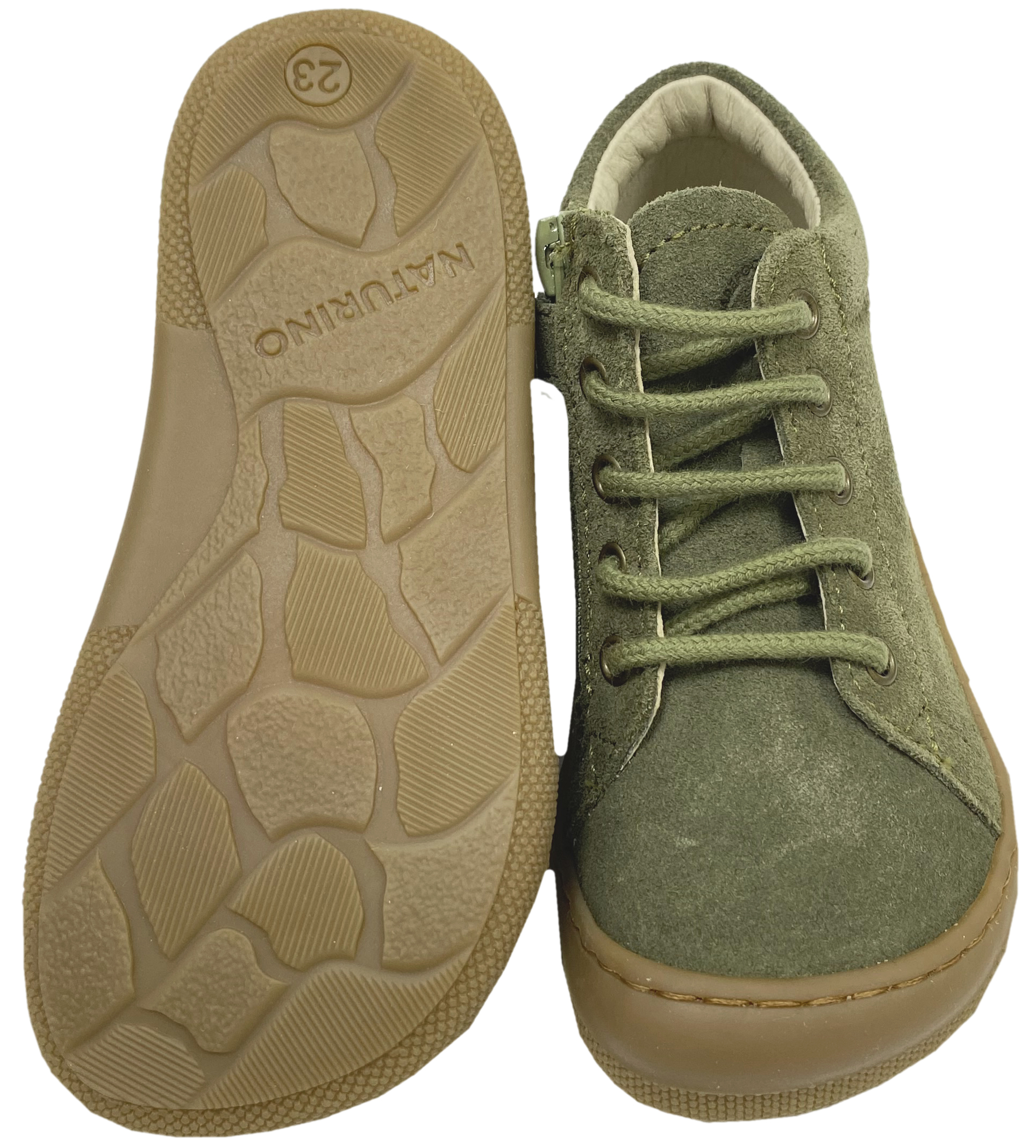 Knautschig weiche Barfußschuhe aus Leder, Schnürer + Zip NATURINO Barefoot *AMUR in Khaki Grün *