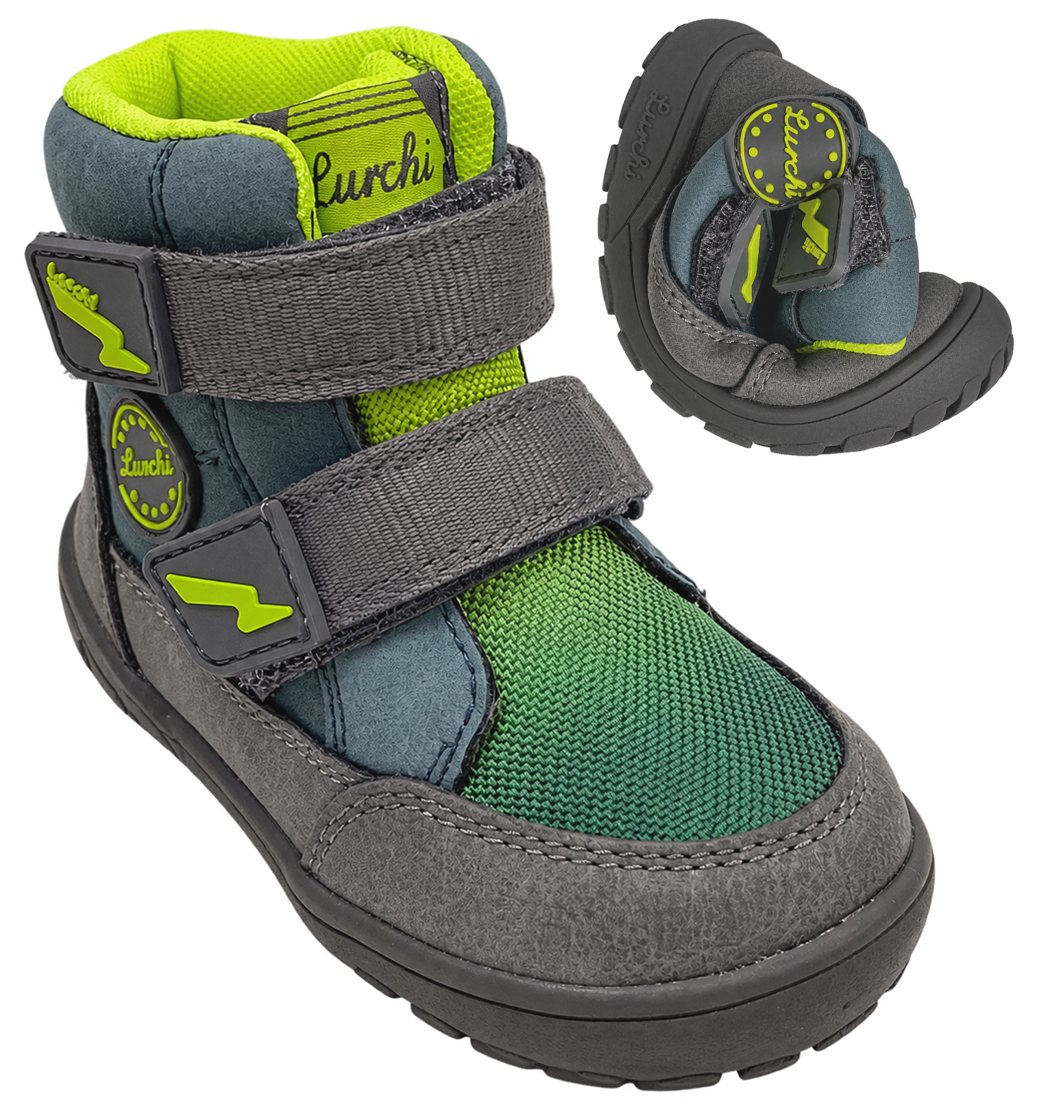 Gefütterte Minimalschuhe Doppelklett, PU Mesh & TEX Membran *LURCHI Barefoot Jimmy * in Coal Lime