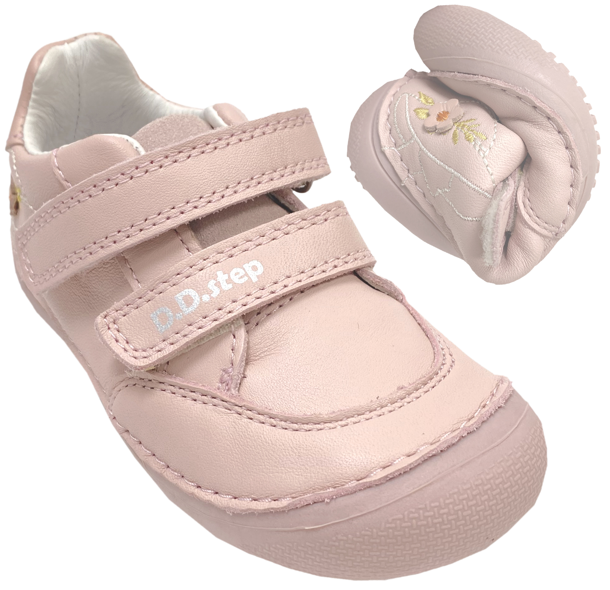 Leder Sneaker, knautschige Minimalsohle, Blütenstick auf Rosa von D.D.Step Barefoot