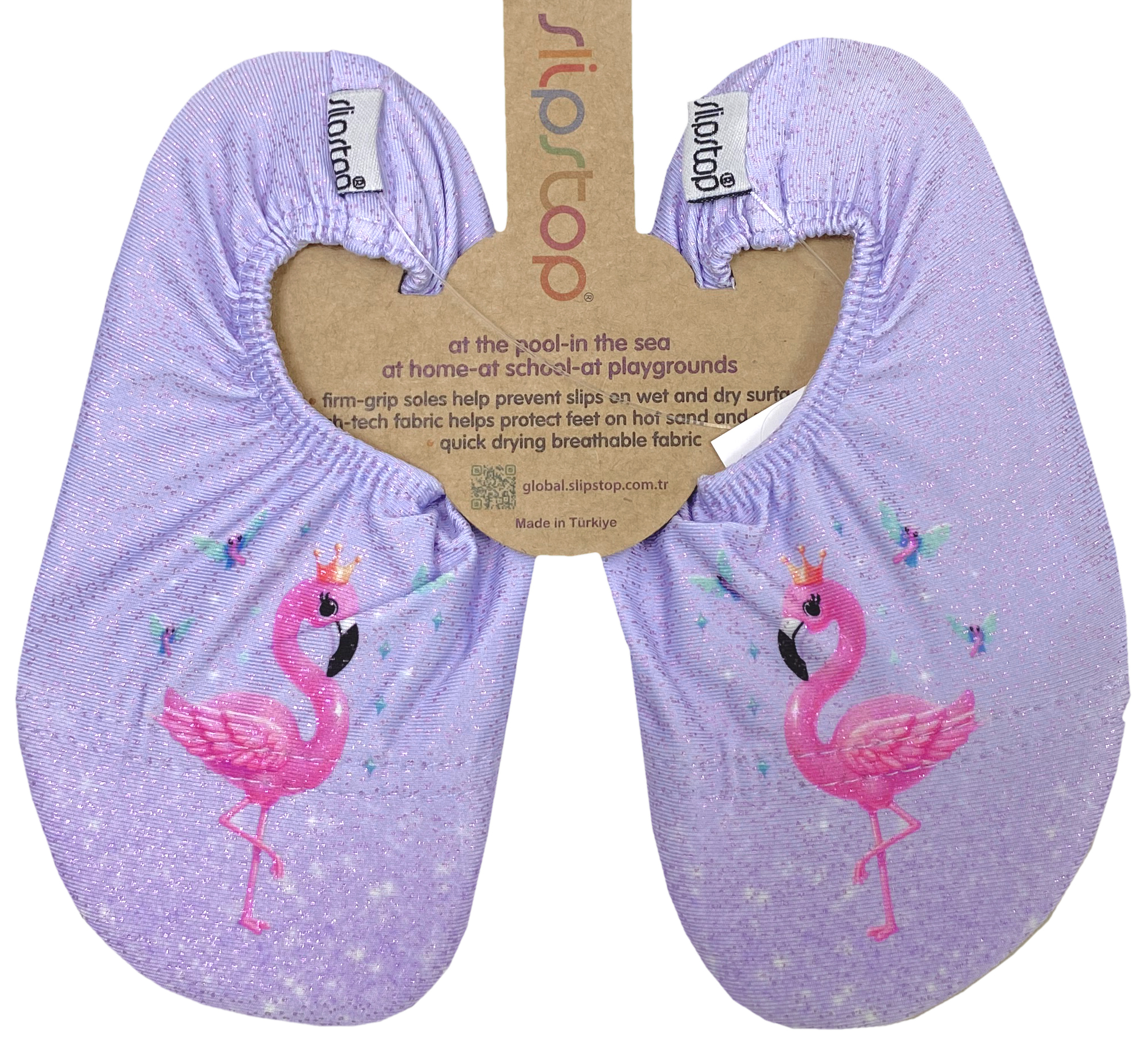 Slip Stop Badeschuhe / Turnschläppchen Barfußschuhe *April / Flamingo auf Lila Glitter *