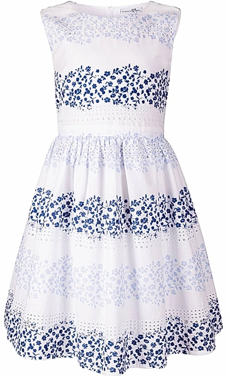 Schickes Sommerkleid in Weiß / Blau weit schwingender Rock, Knielang v. HAPPY GIRLS 921375