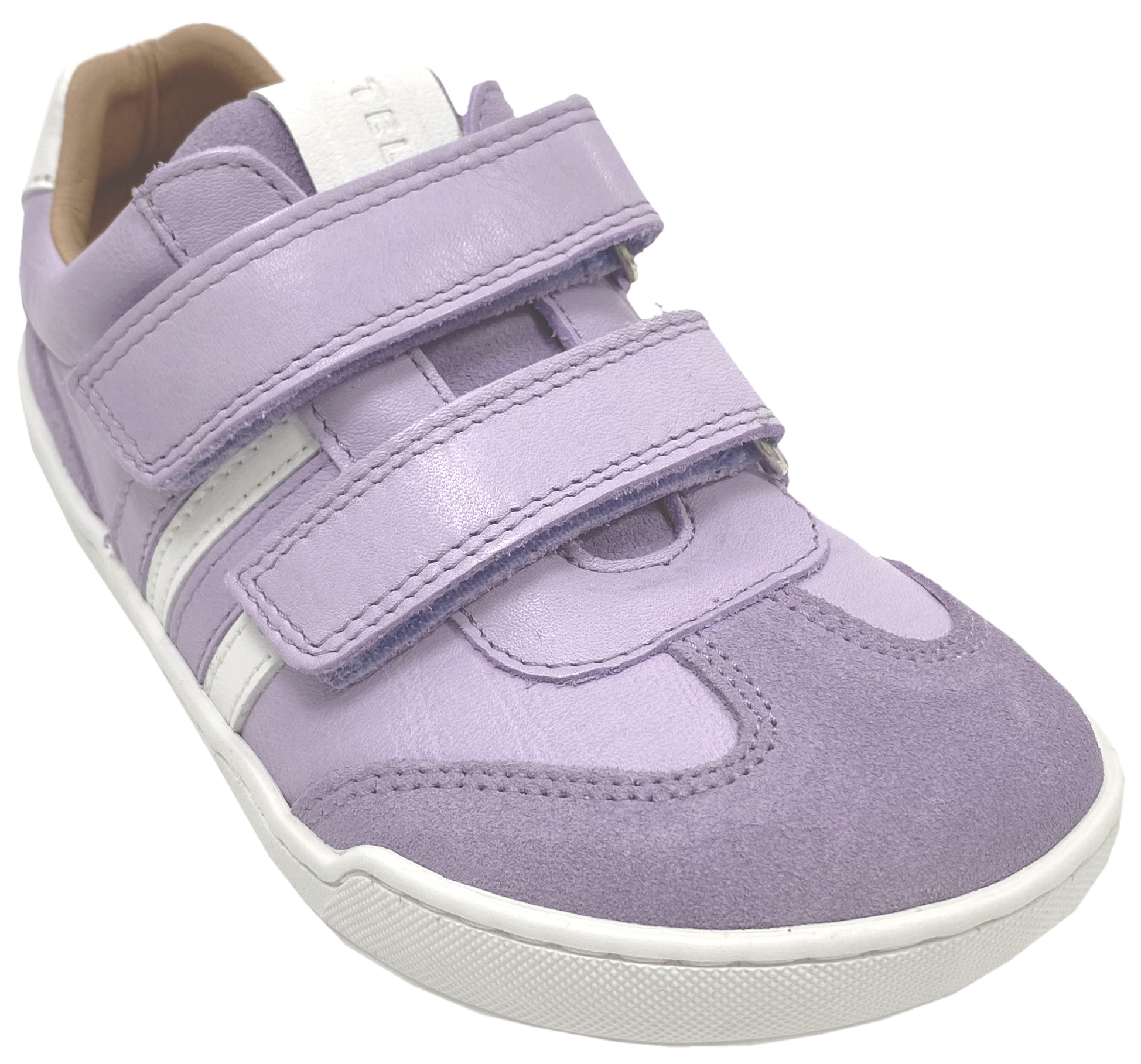 Leder Sneaker / Barfußschuhe + seitliche Zierstr. mit Doppelklett in Lila / Weiß von TELYOH Barefoot / Runner
