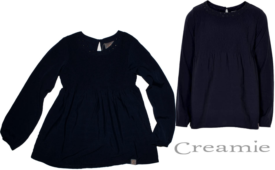 LA Tunika Bluse in Nachtblau mit gesmokter Front von CREAMIE Modell LISSIEBLOUSE