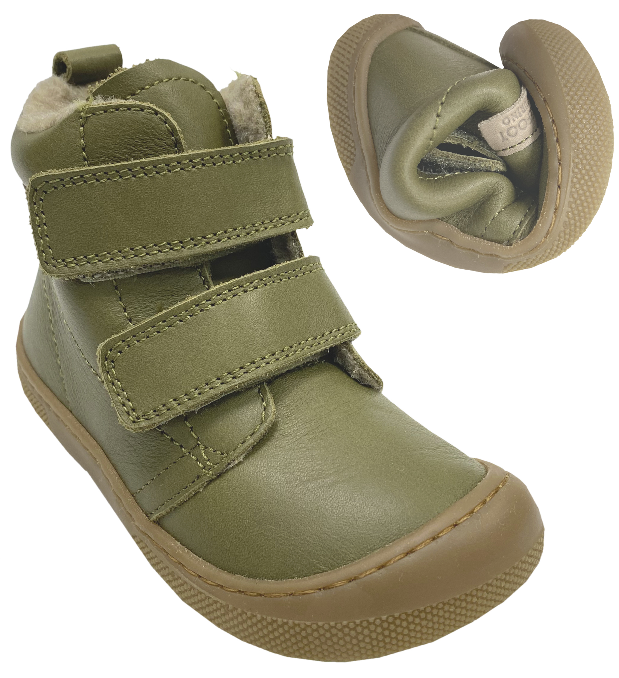 Woll gefütterte leichte Barfußschuhe / Winterstiefel in KHAKI Grün > NATURINO Barefoot < WIGGHI