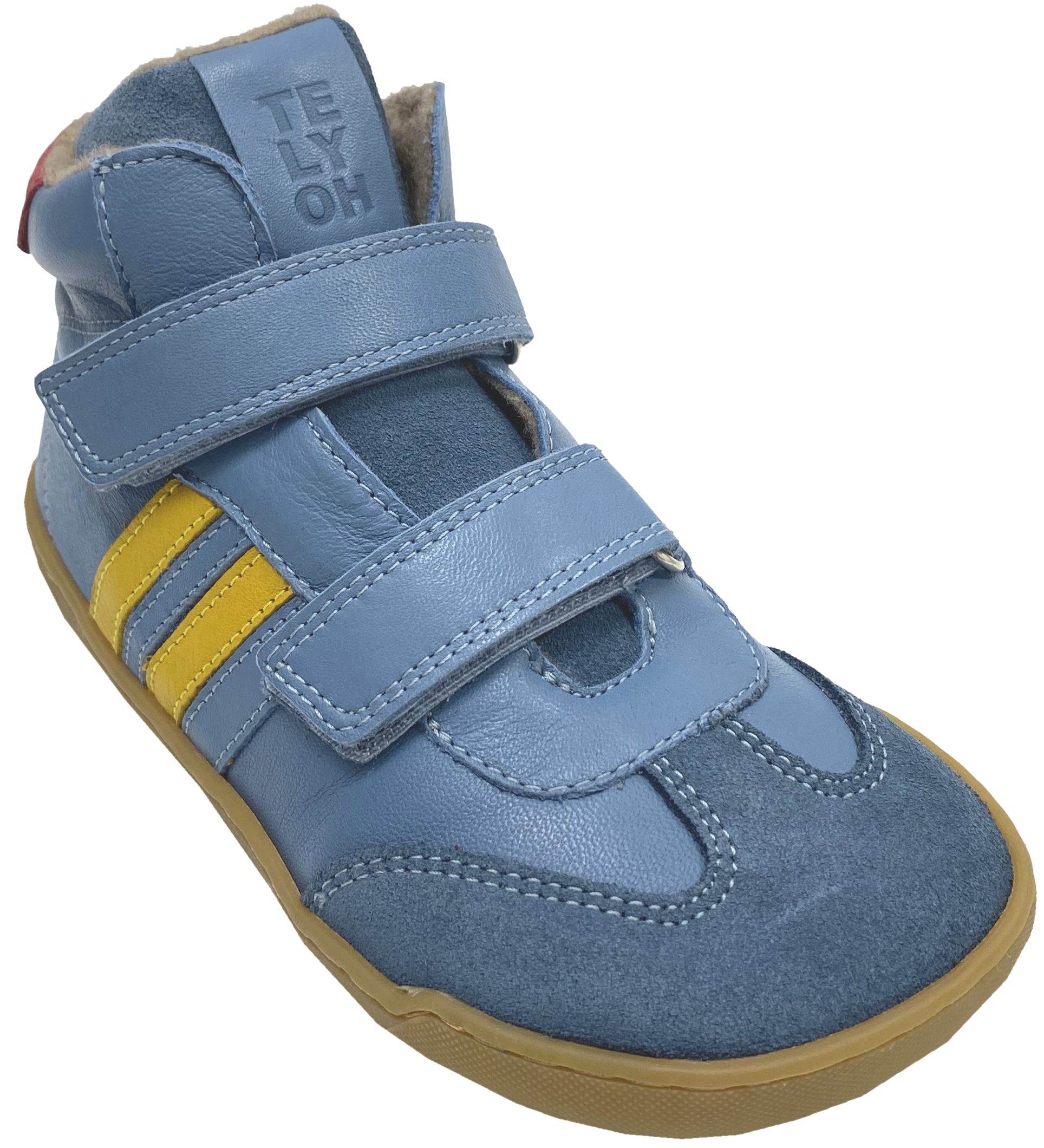 Mid Top Lederschuhe, Doppelklett & Wollfleece Futter v. TELYOH  Barefoot Runner Stripes in Jeans