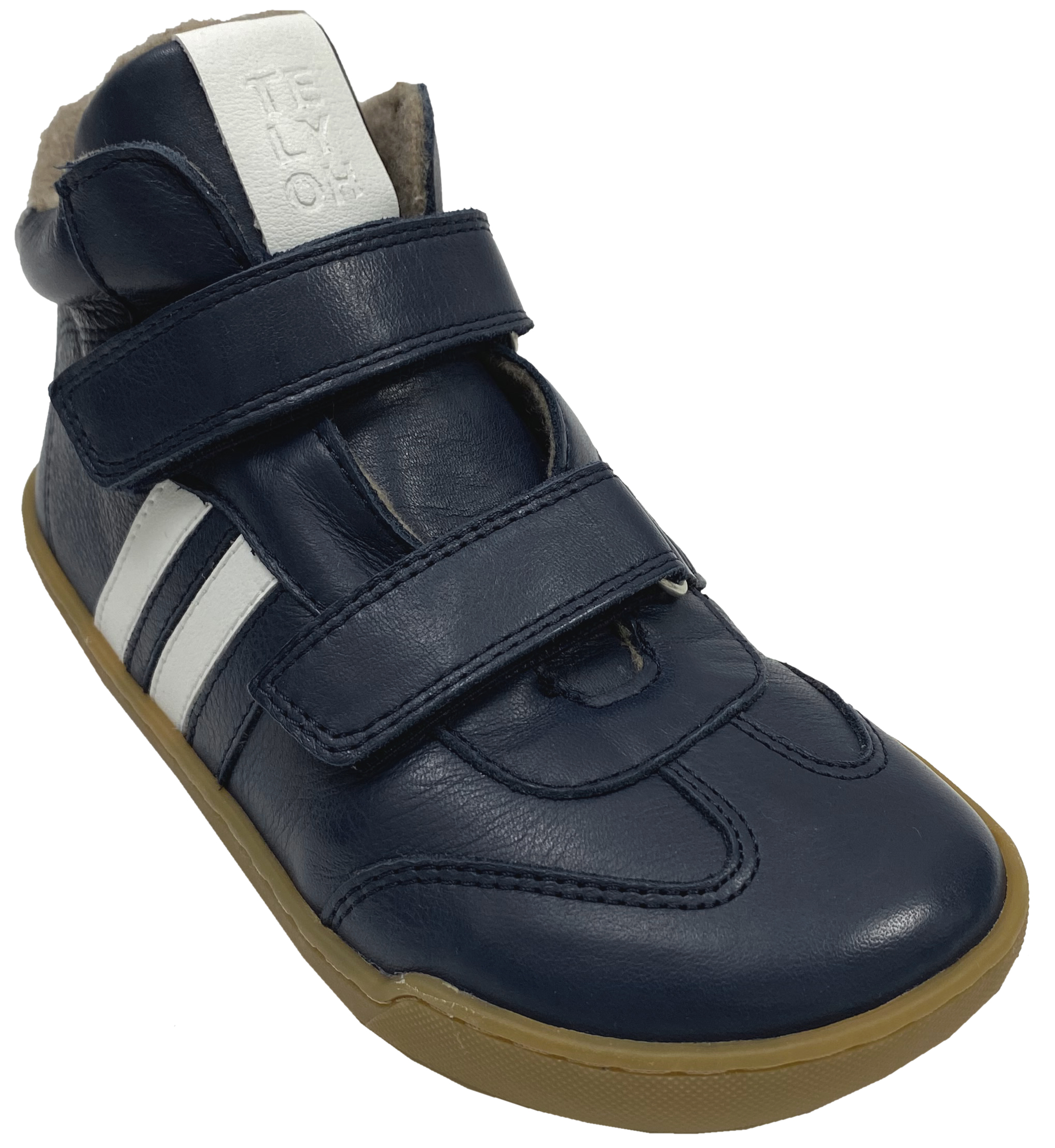 Mid Top Lederschuhe, Doppelklett & Wollfleece Futter v. TELYOH  Barefoot Runner Stripes in Navy