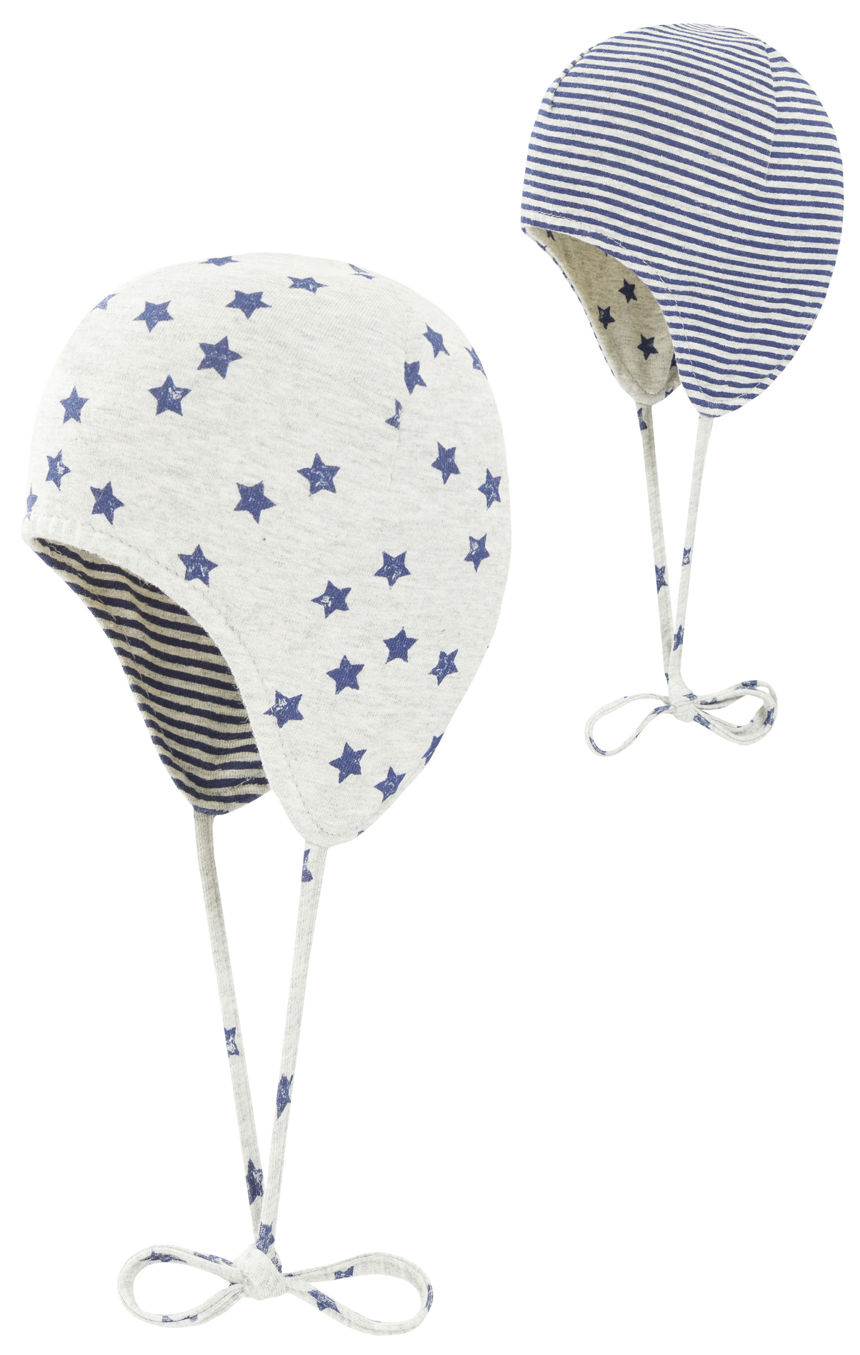Wendemütze aus doppeltem Jersey zum binden in Grau mit Blauen Sternen von DÖLL 1621650602-3105