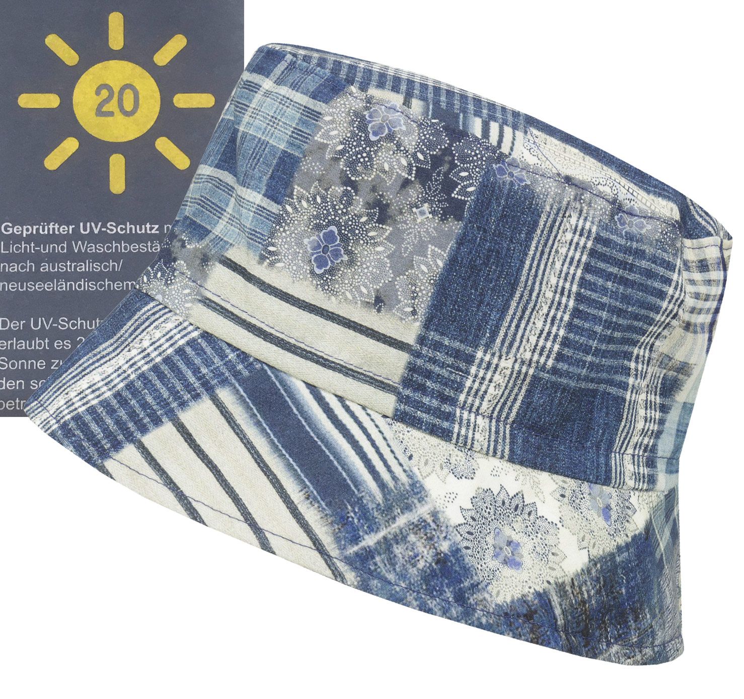 Trendiger Sonnenhut in Jeans Blau Patchwork Stil UV 20 von DÖLL  1738451722