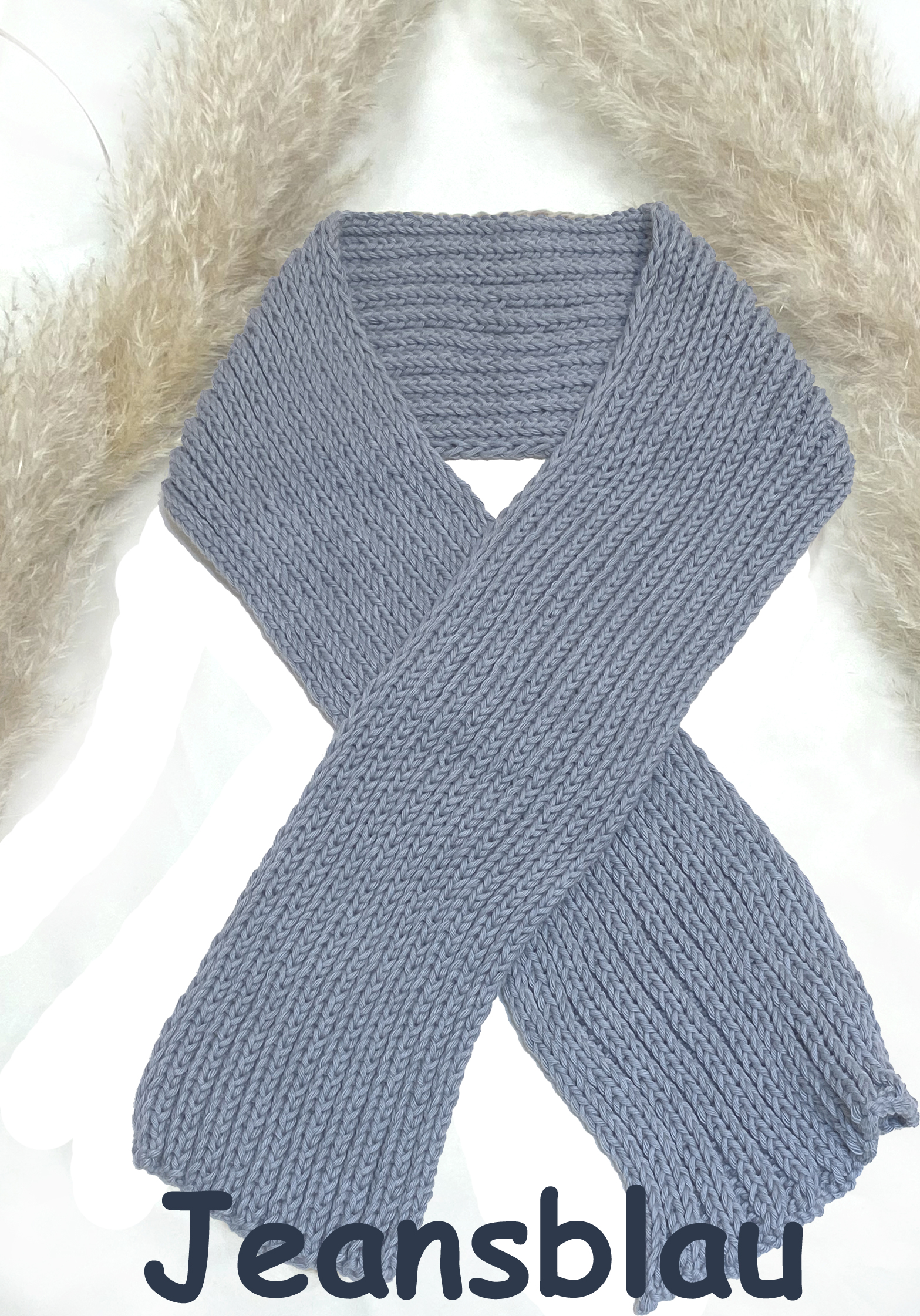 Kinderschal aus reinem Baumwollstrick JEANSBLAU im Patent Muster ca 120 cm x 12 cm Handarbeit